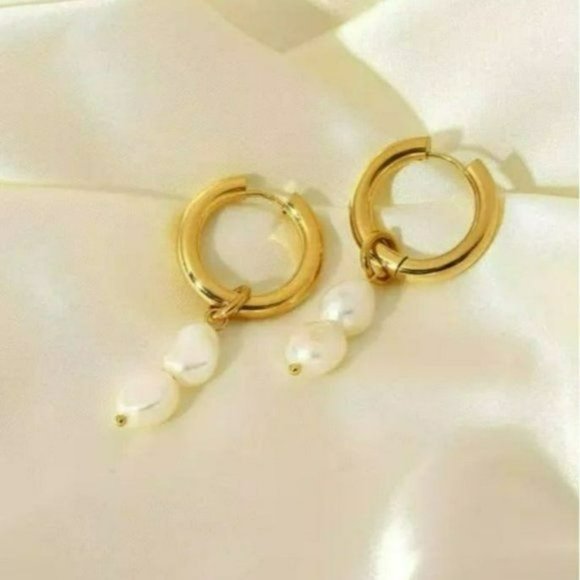 18K Gold Plated Stainless Steel Hoop Freshwater Pearl Beads Dangle Drop Earrings - Picture 6 of 9